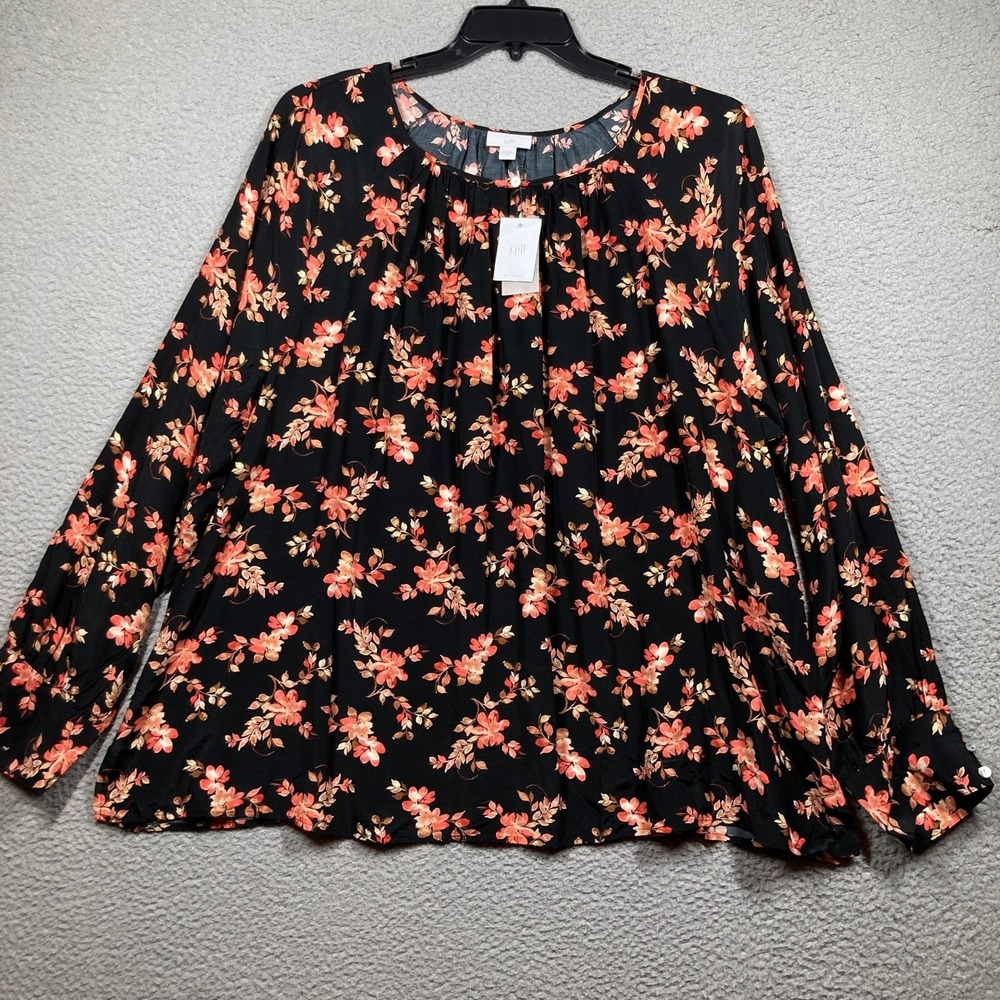 J. Jill Floral Blouse Womens 4X NEW Black Coral Rayon Long Sleeve Gathered‎ Neck